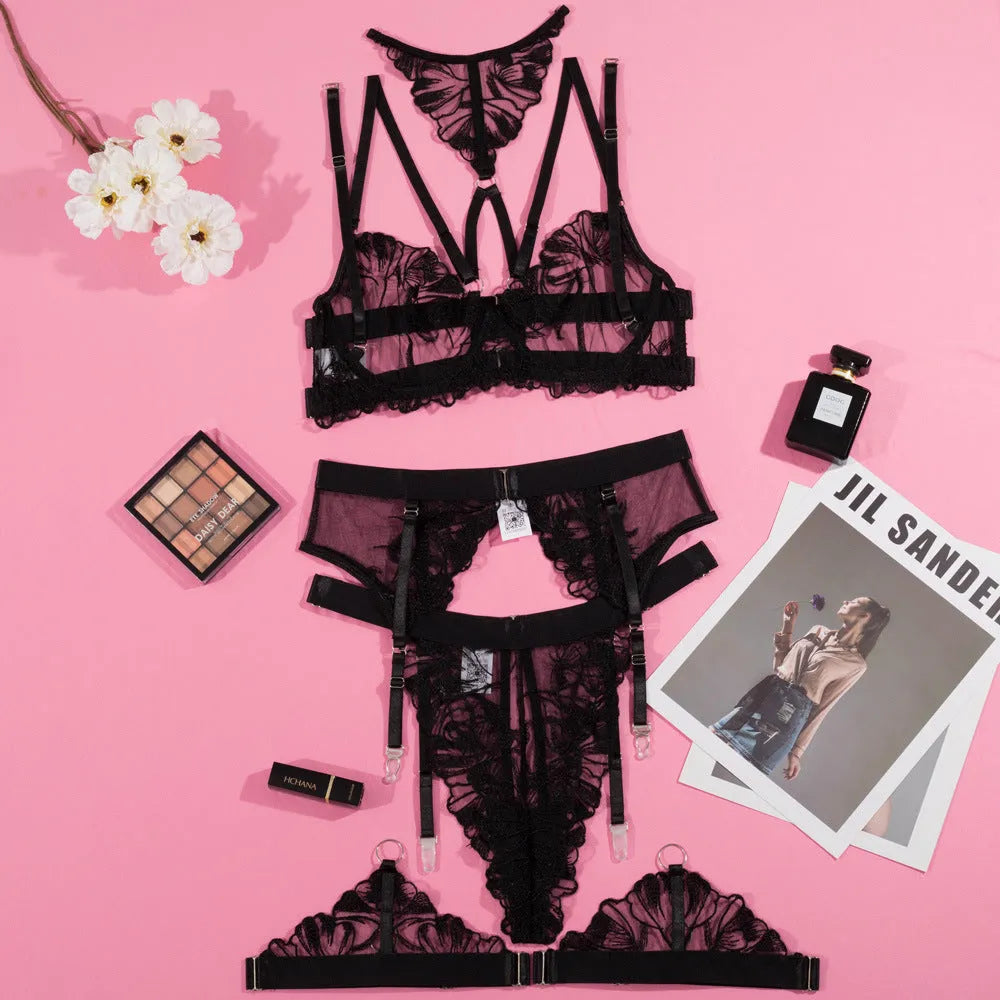 Black women's mesh bra with embroidery stitching detail and three-point style construction