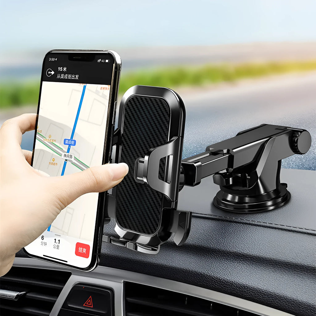 Carbon fibre car phone holder with telescopic suction cup and 360-degree rotation mounted on dashboard