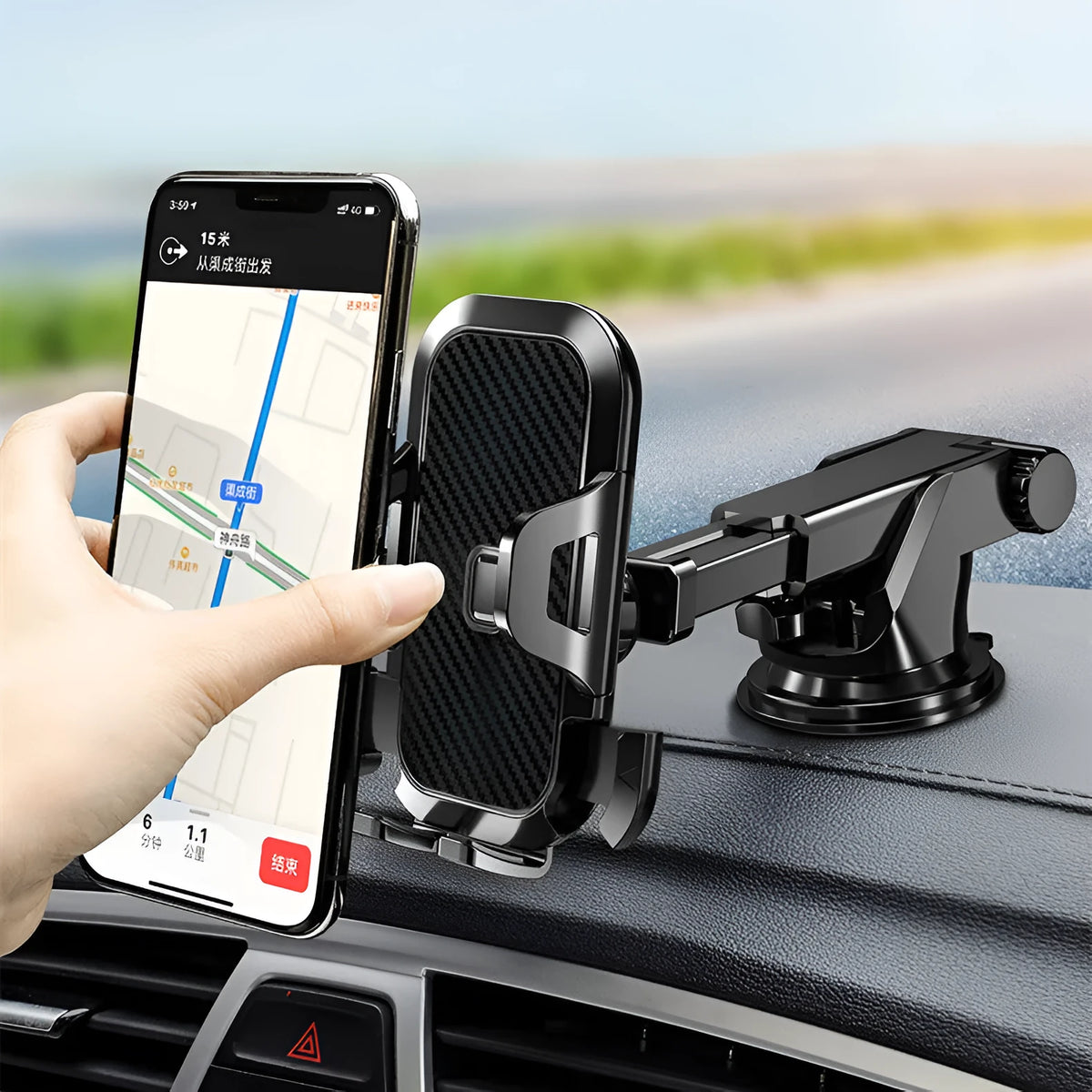 Carbon fibre car phone holder with telescopic suction cup and 360-degree rotation mounted on dashboard