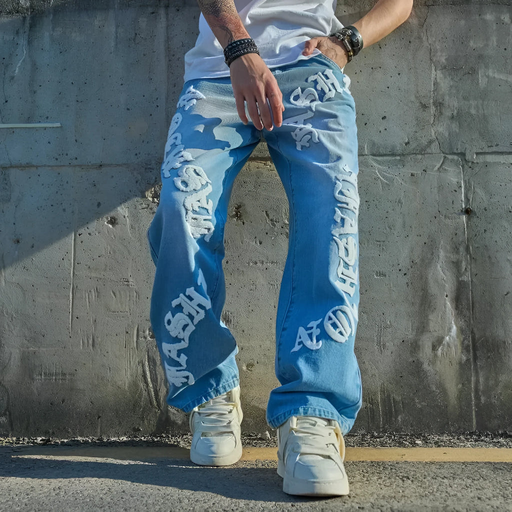 Men's loose straight casual cotton denim jeans in washed blue, mid waist with zip fly, sizes XS-XXL