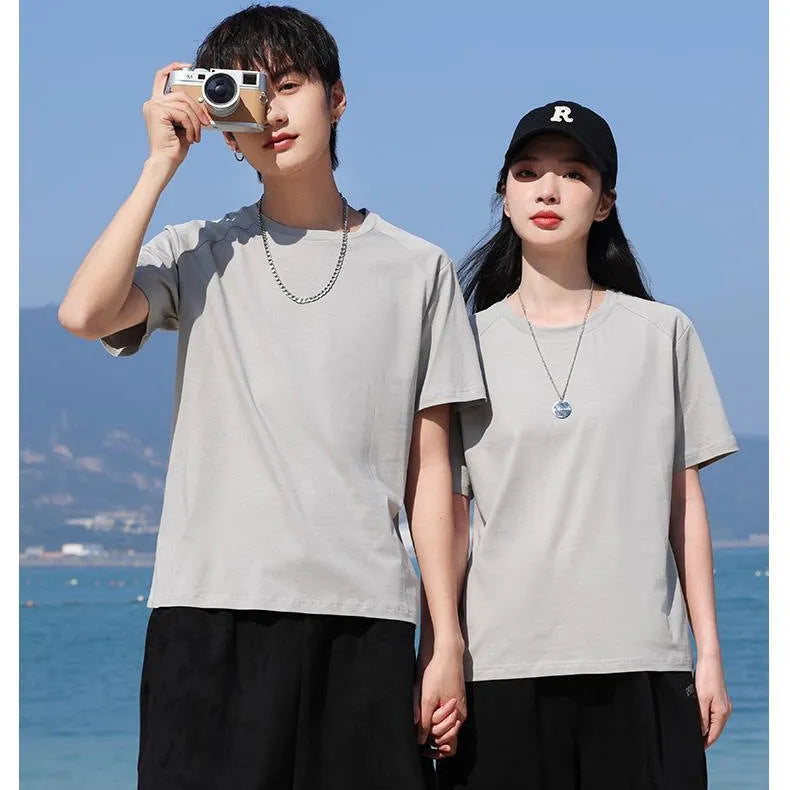 Men's pure cotton straight short sleeve t-shirt in solid colour on hanger