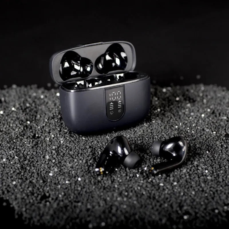 Jerry X08 wireless Bluetooth in-ear headphones with digital display and USB charging case in black, grey or white.