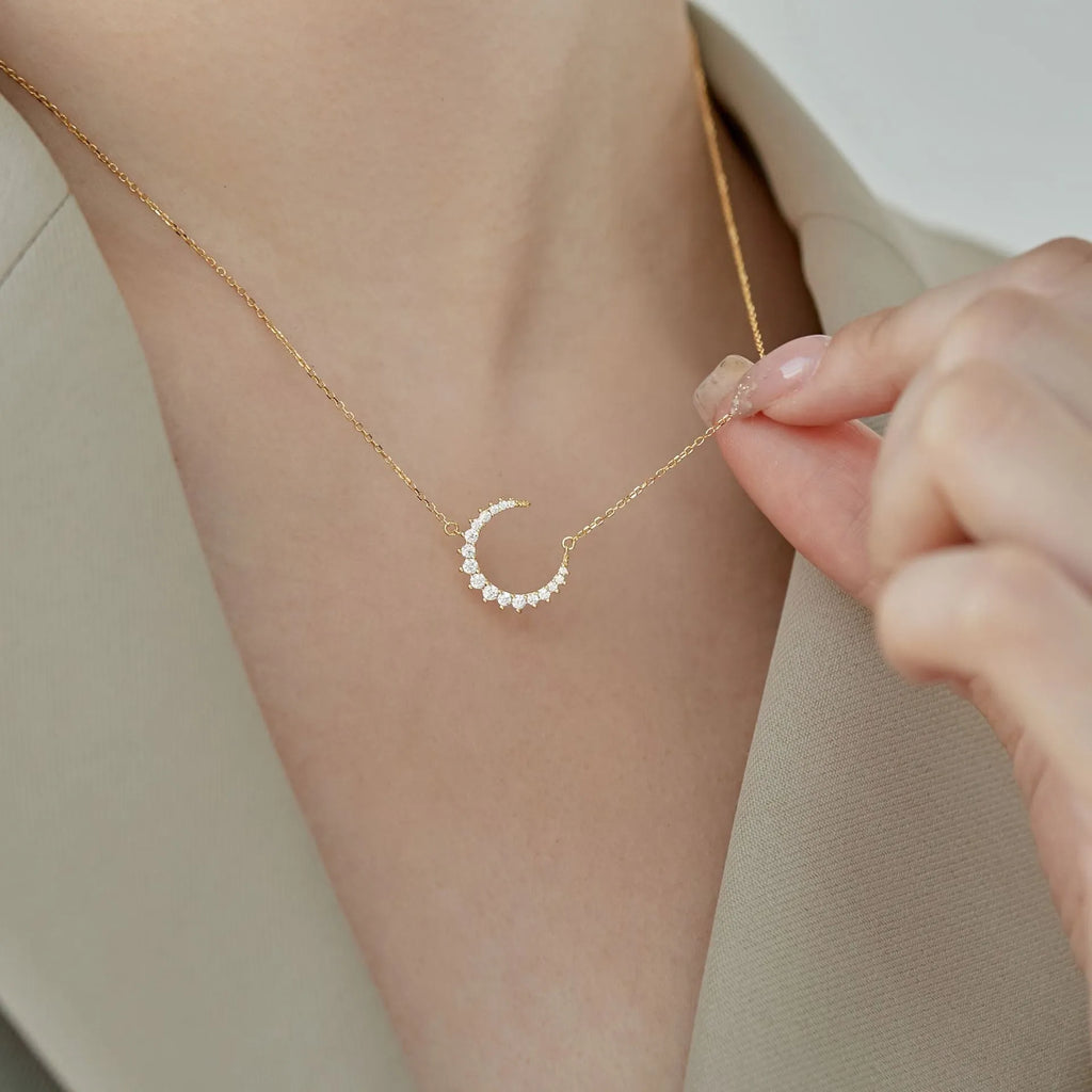 S925 sterling silver crescent necklace with mixed gem inlaid zircon pendant and cross chain, 41-50cm
