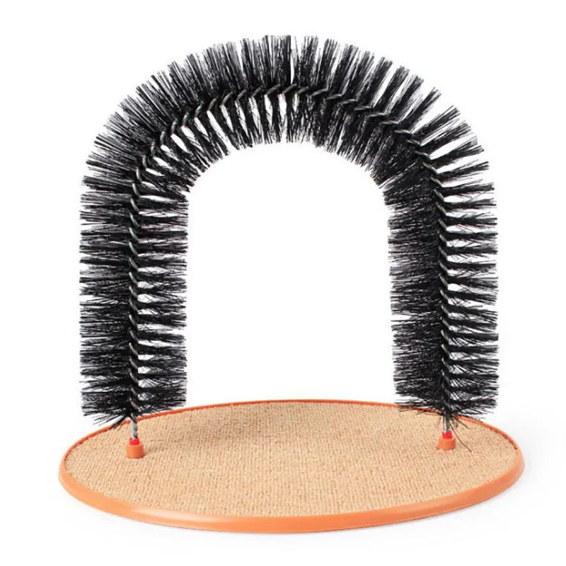 Arched cat grooming toy with integrated brush bristles for scratching and self-grooming