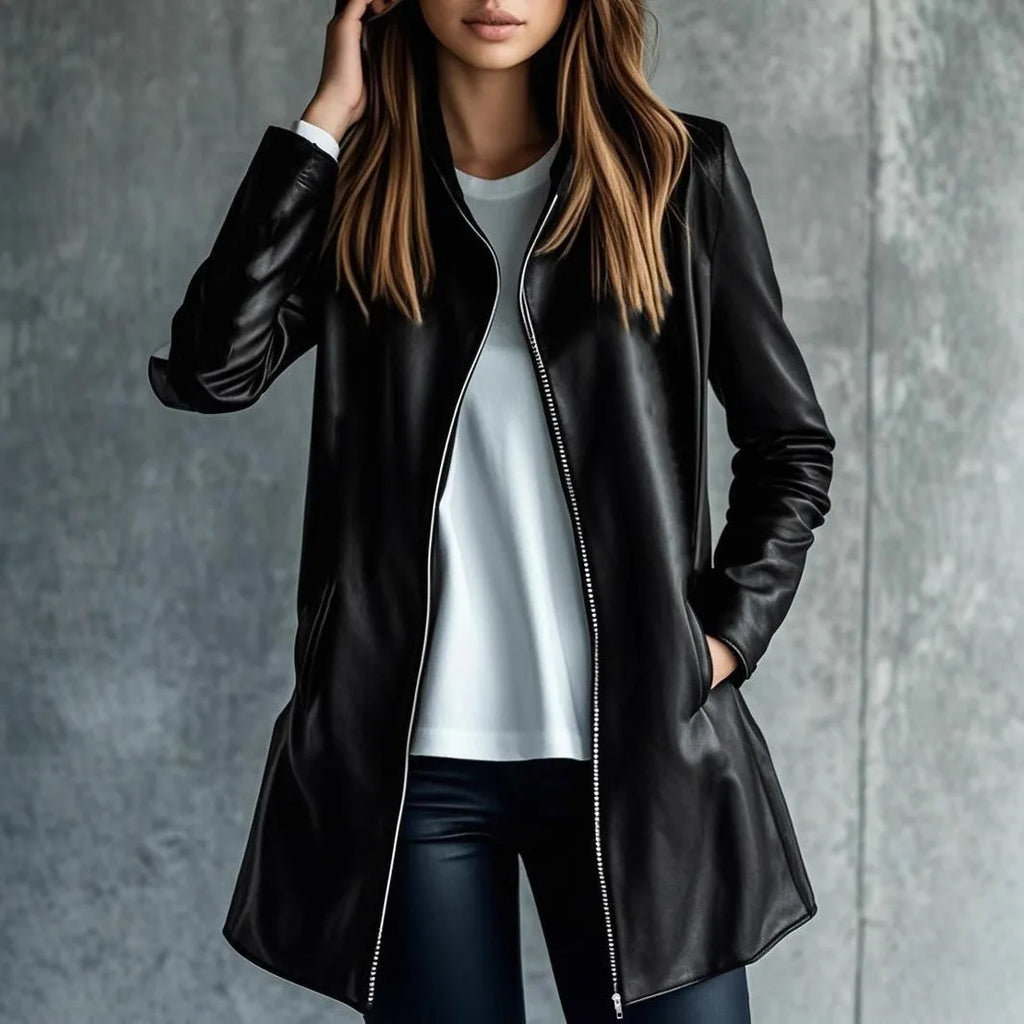 Women's black polyester leather jacket with medium length 65cm cut and long sleeves