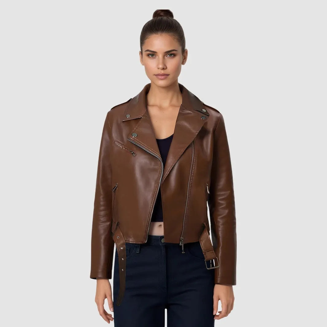 Women's short PU leather motorcycle jacket with belt in black, red, milky white, and dark brown colours showing lapel collar and regular fit.