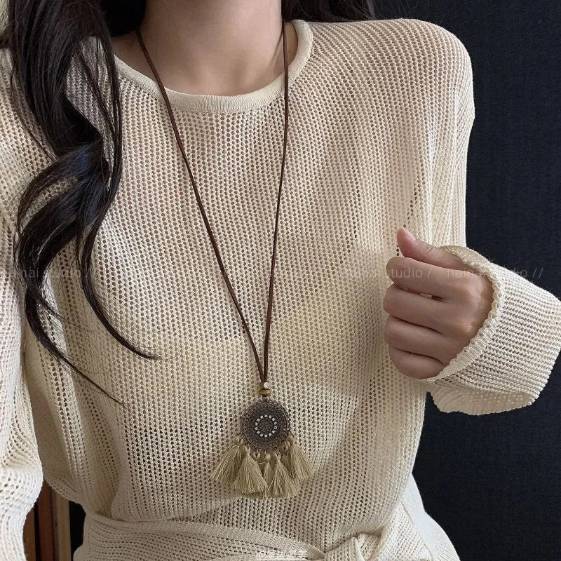 Retro ethnic style tassel long pendant necklace with geometric copper alloy and acrylic pendant for women