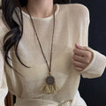 Retro ethnic style tassel long pendant necklace with geometric copper alloy and acrylic pendant for women