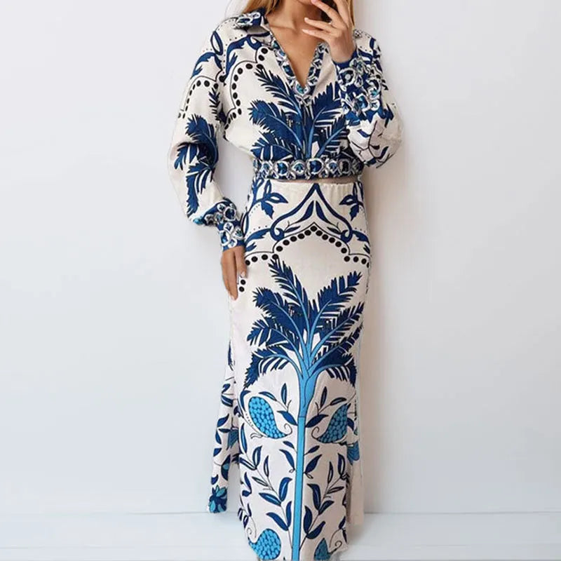 Women's floral print two-piece casual set with long sleeves and a long skirt in picture colour.