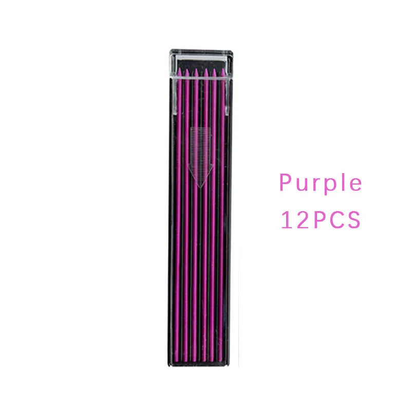 Box containing 12 multi-colour mechanical pencil lead refills for drawing and writing.