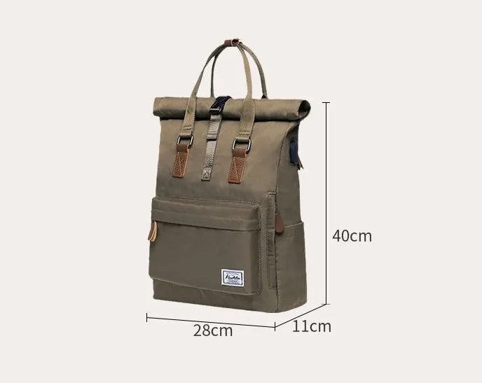 Casual black polyester backpack with cover flap open, showing interior laptop sleeve and zipper pocket.