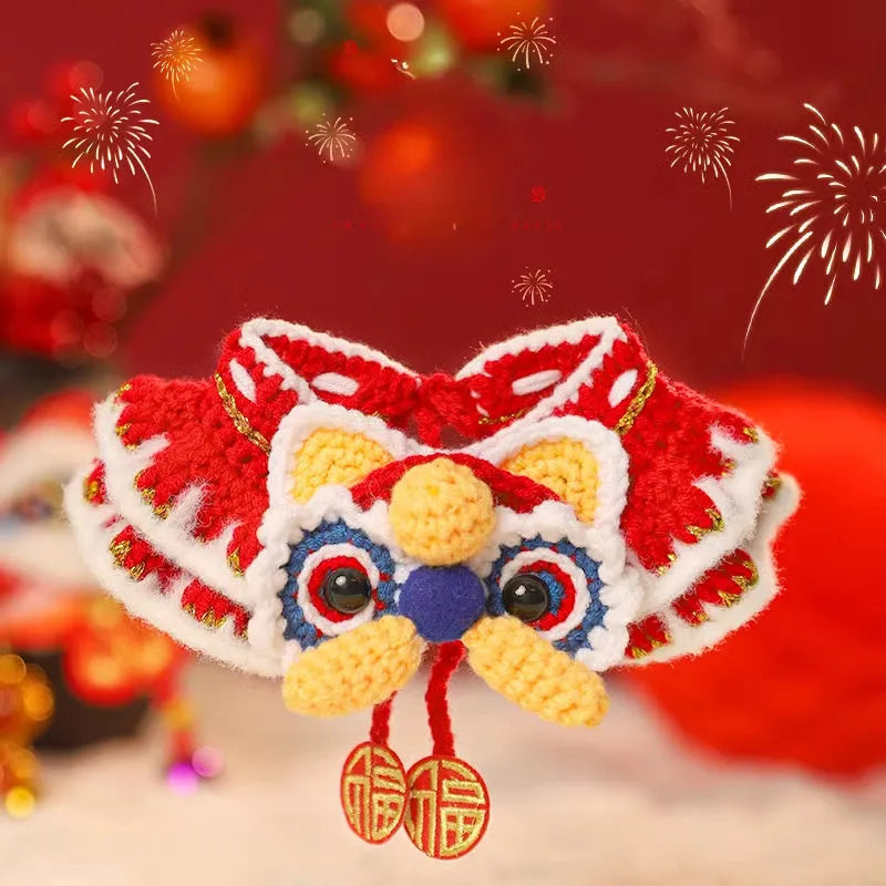New Year pet scarf collar in Lion Dance Blessing design for cats and small dogs
