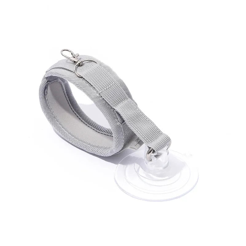 Adjustable fabric pet bathing restraint collar with suction cup in black, grey, and pink
