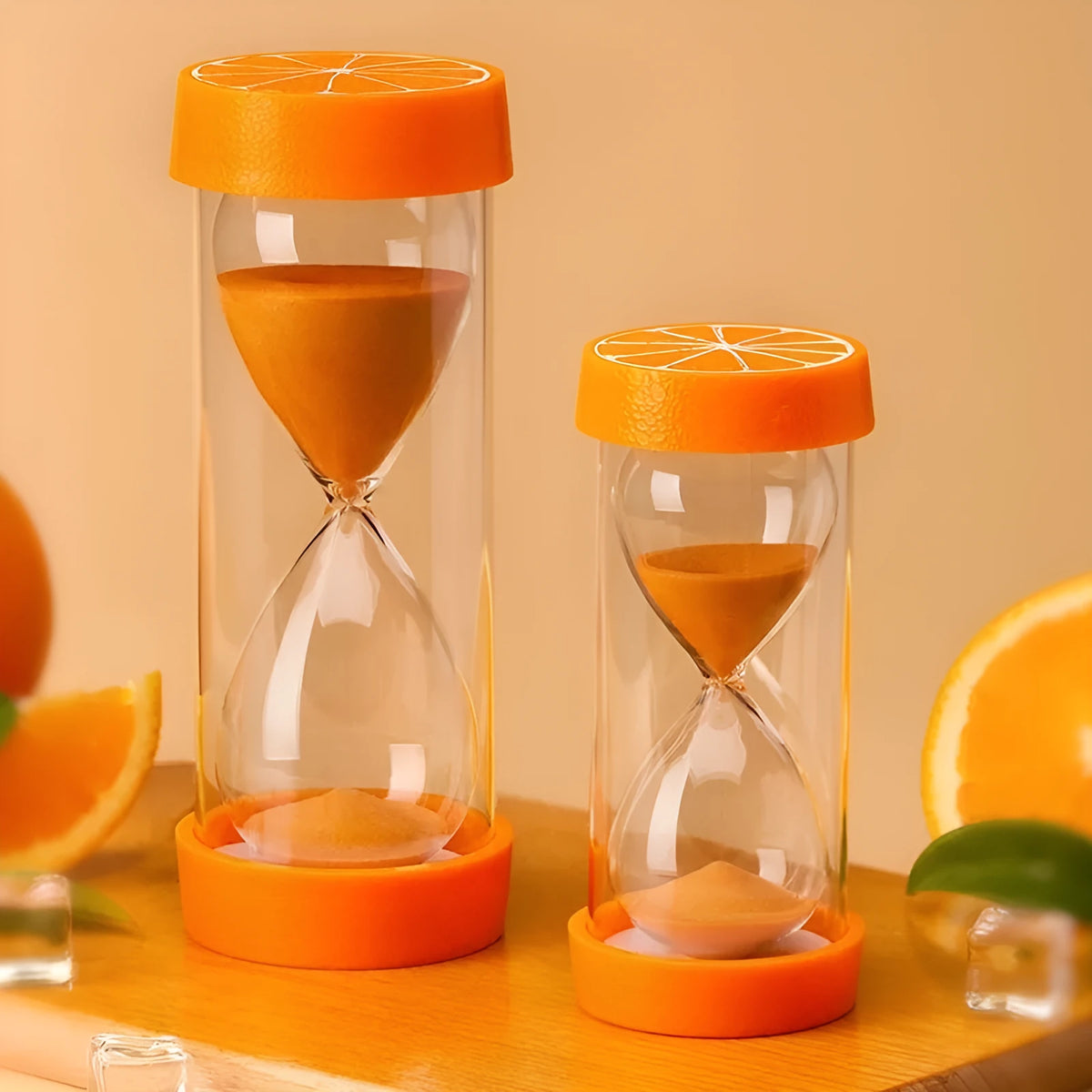 Plastic fruit-shaped hourglass timer in lemon colour on a desk – handmade Chinese style desktop ornament