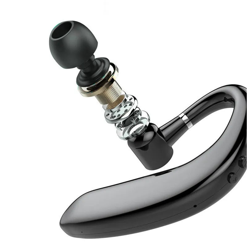 A single black or blue wireless Bluetooth in-ear headset with a rotatable earpiece, shown with its charging cable.