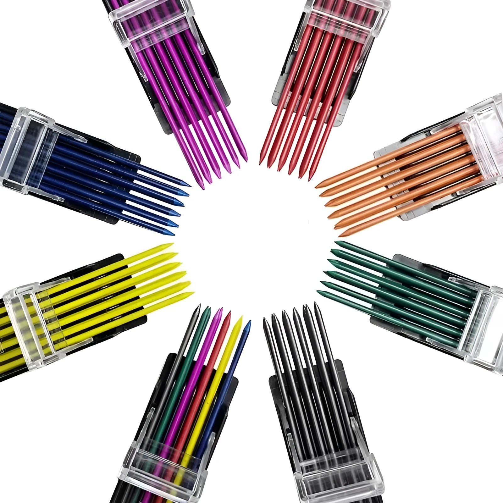 Box containing 12 multi-colour mechanical pencil lead refills for drawing and writing.