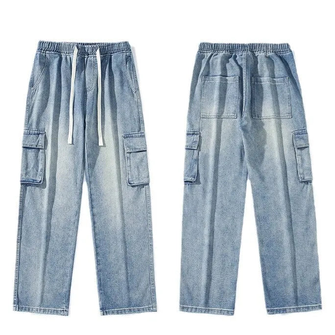 Men's cotton straight leg jeans in light blue, size M-3XL, simple workwear style for spring