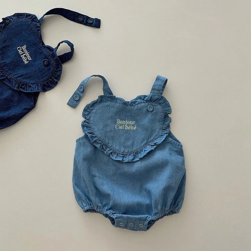 Sleeveless cotton denim baby romper in dark blue or light blue, pullover triangle jumpsuit, sizes 66cm to 100cm