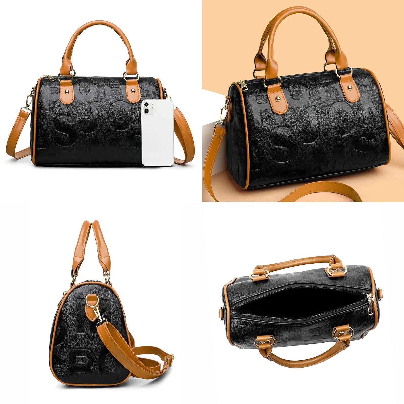 Cylindrical PU crossbody bag with three shoulder straps in red or brown colour with polyester lining