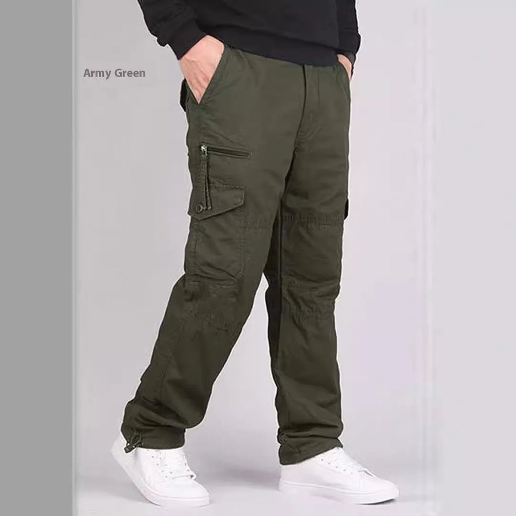 Men's loose spring autumn outdoor overalls in solid colour khaki with zip placket mid waist cotton blend