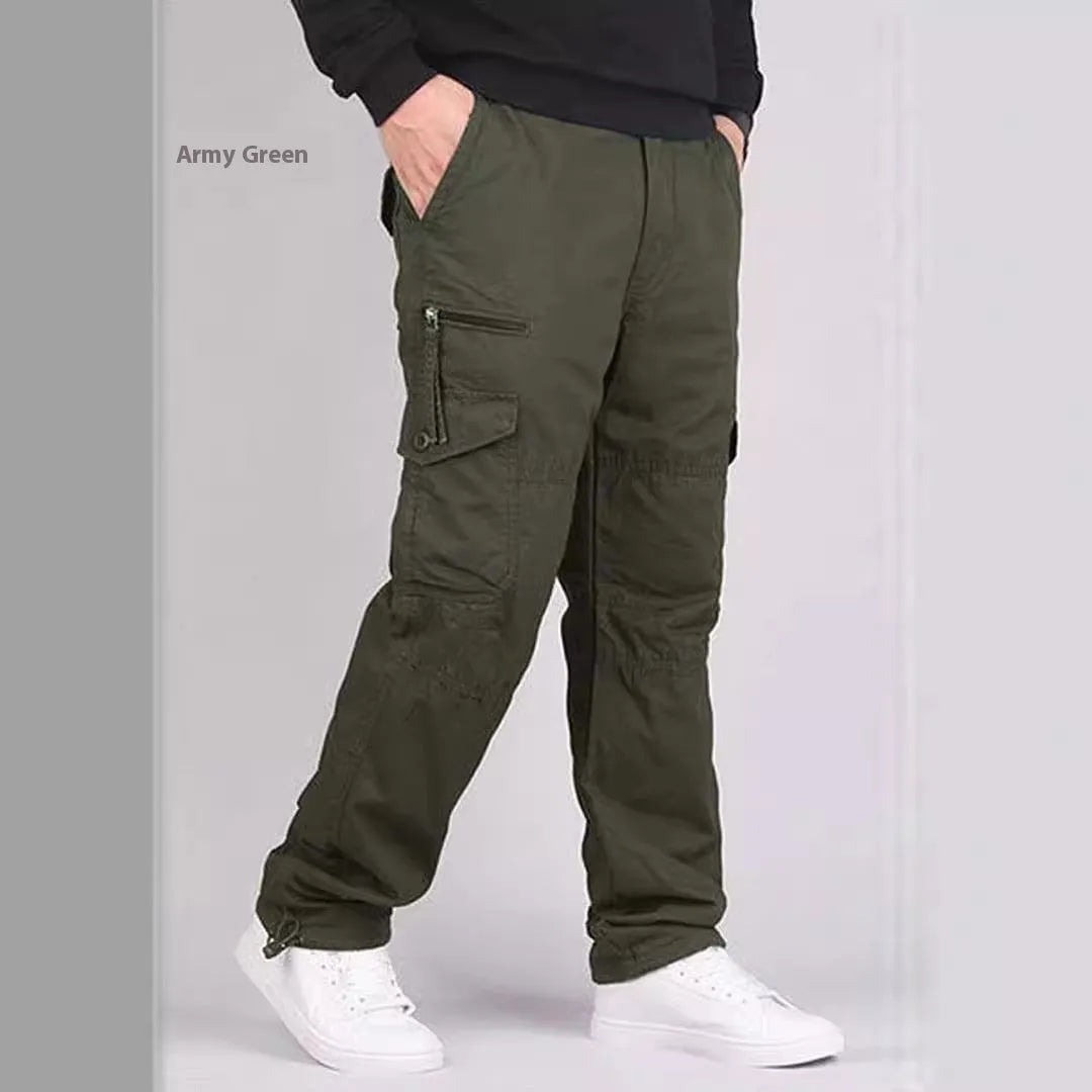 Men's loose spring autumn outdoor overalls in solid colour khaki with zip placket mid waist cotton blend