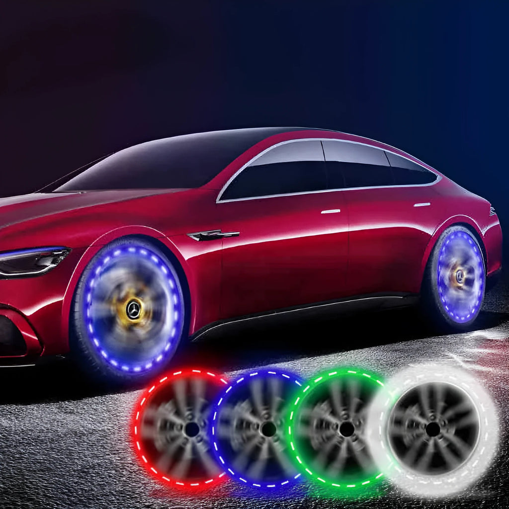 Colourful solar-powered LED hub decorative light flash for a car wheel with control switch.