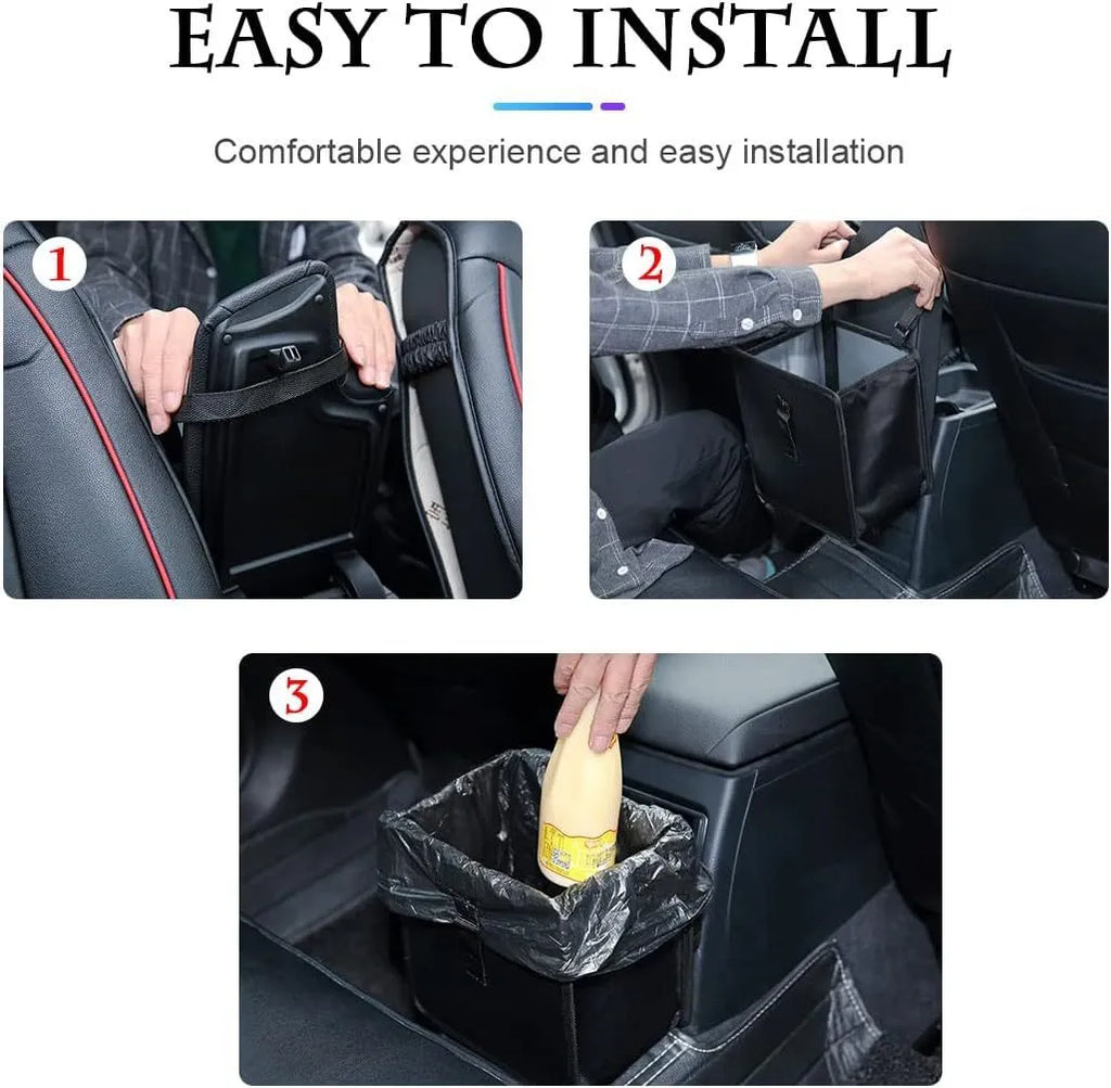 Black folding car trash can made from waterproof Oxford cloth with hanging strap and 22x14.5x22cm dimensions