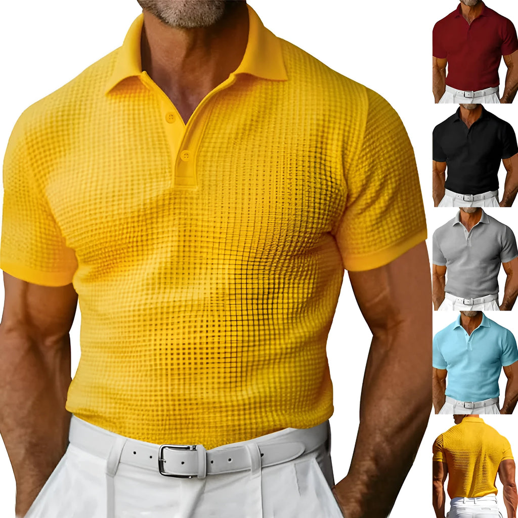 Men's waffle short sleeve polo shirt in cotton, slim fit jacquard lapel top, available in five colours.