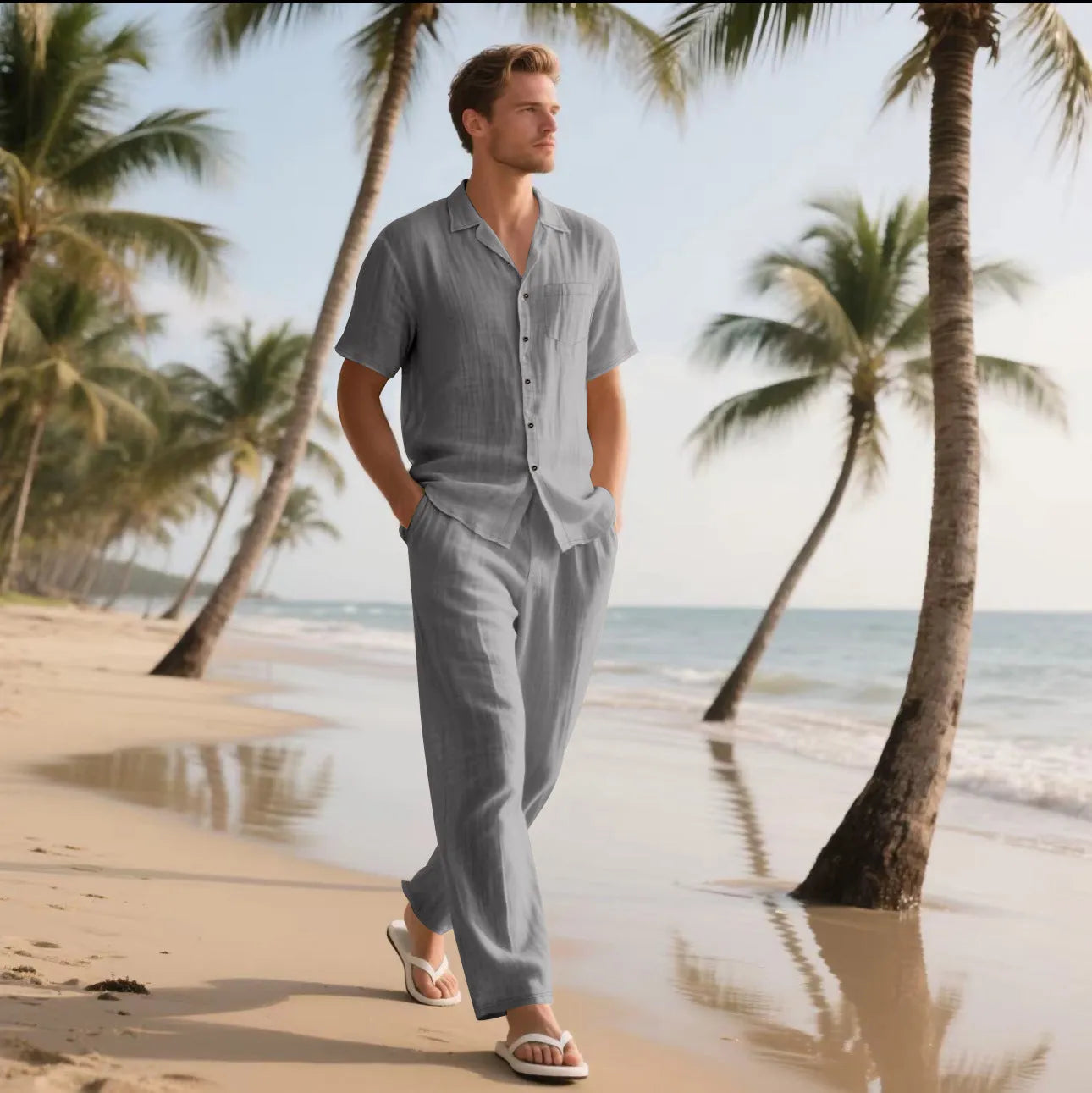 Two-piece casual linen-blend button polo beach suit with short sleeves and trousers in khaki colour