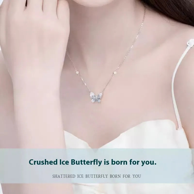 Bingyu Butterfly S925 silver clavicle chain with ice rain pendant on O-ring chain