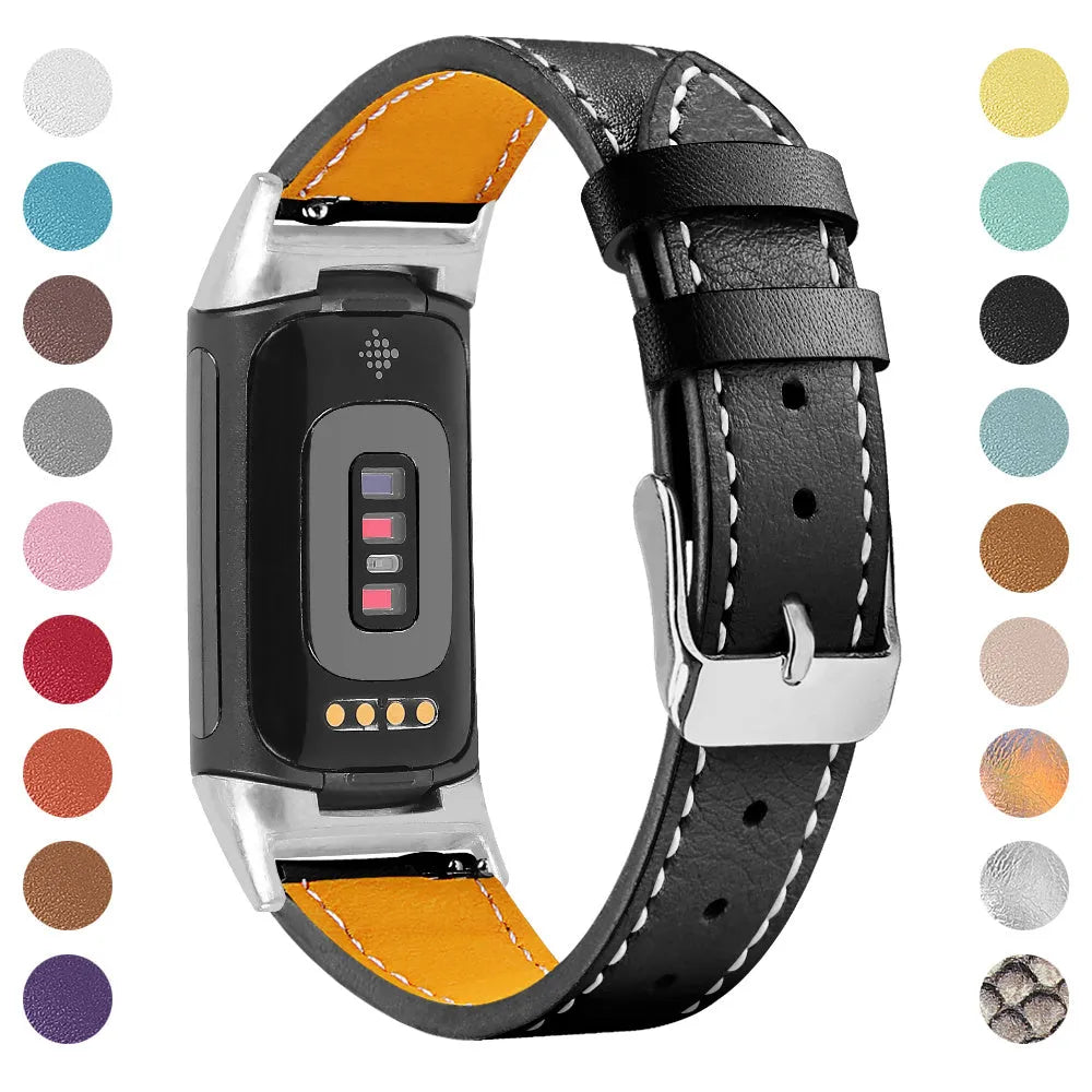 Genuine brown cowhide leather replacement strap for Fitbit Charge 5 and Charge 6 smart watches on a wrist.