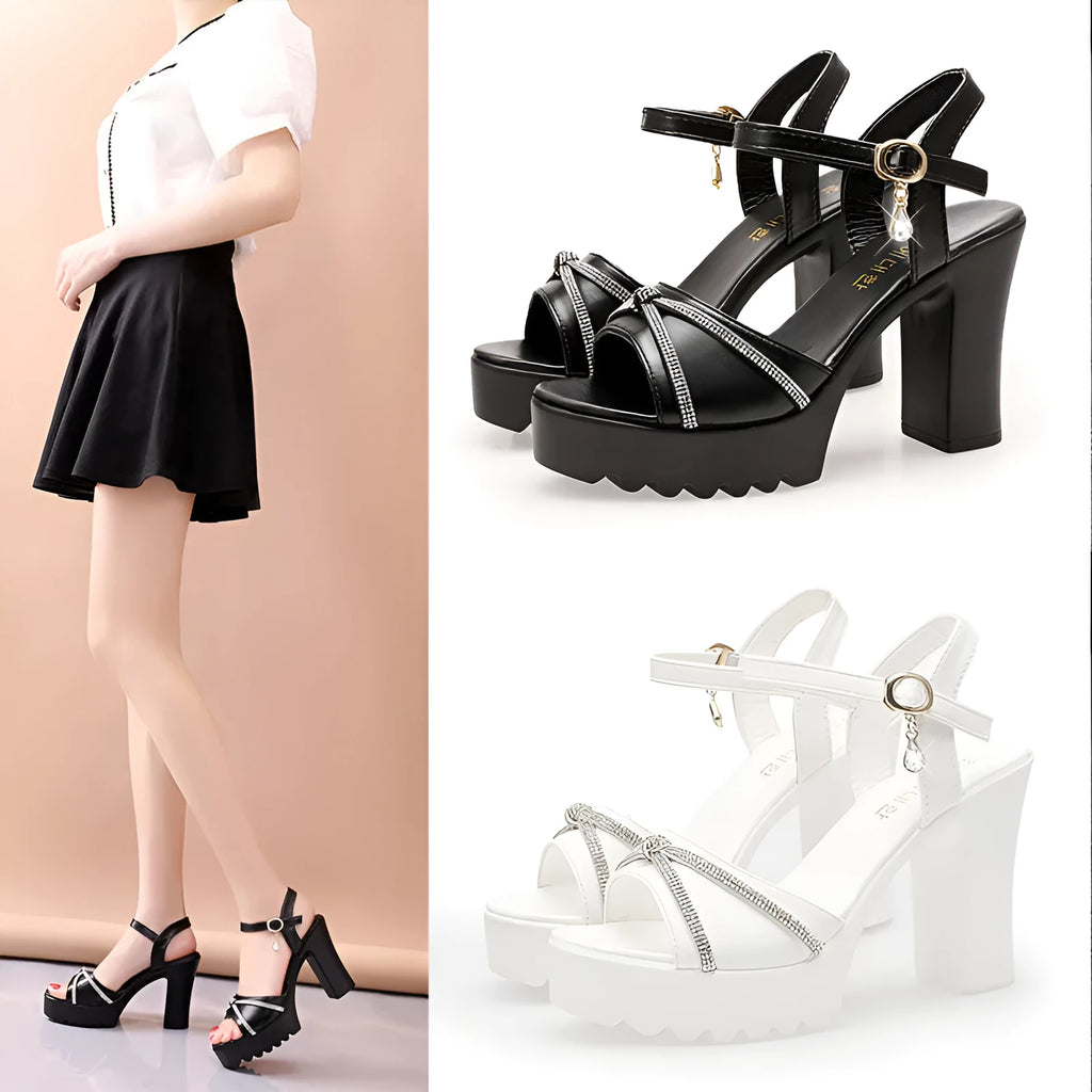 Women's black and white PU high heel sandals showing sizes 35-42