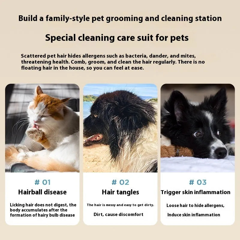 Pink white pet hair vacuum cleaner with grooming accessories including electric shear and combs