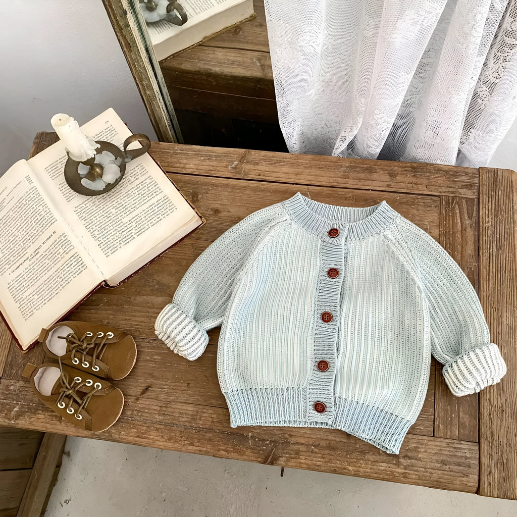 Infant two-colour twist round neck knitted coat in grey and lake blue stripes, cotton cardigan, sizes 66cm to 100cm
