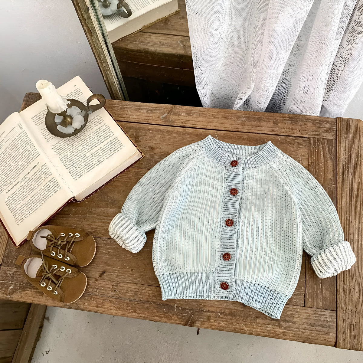 Infant two-colour twist round neck knitted coat in grey and lake blue stripes, cotton cardigan, sizes 66cm to 100cm