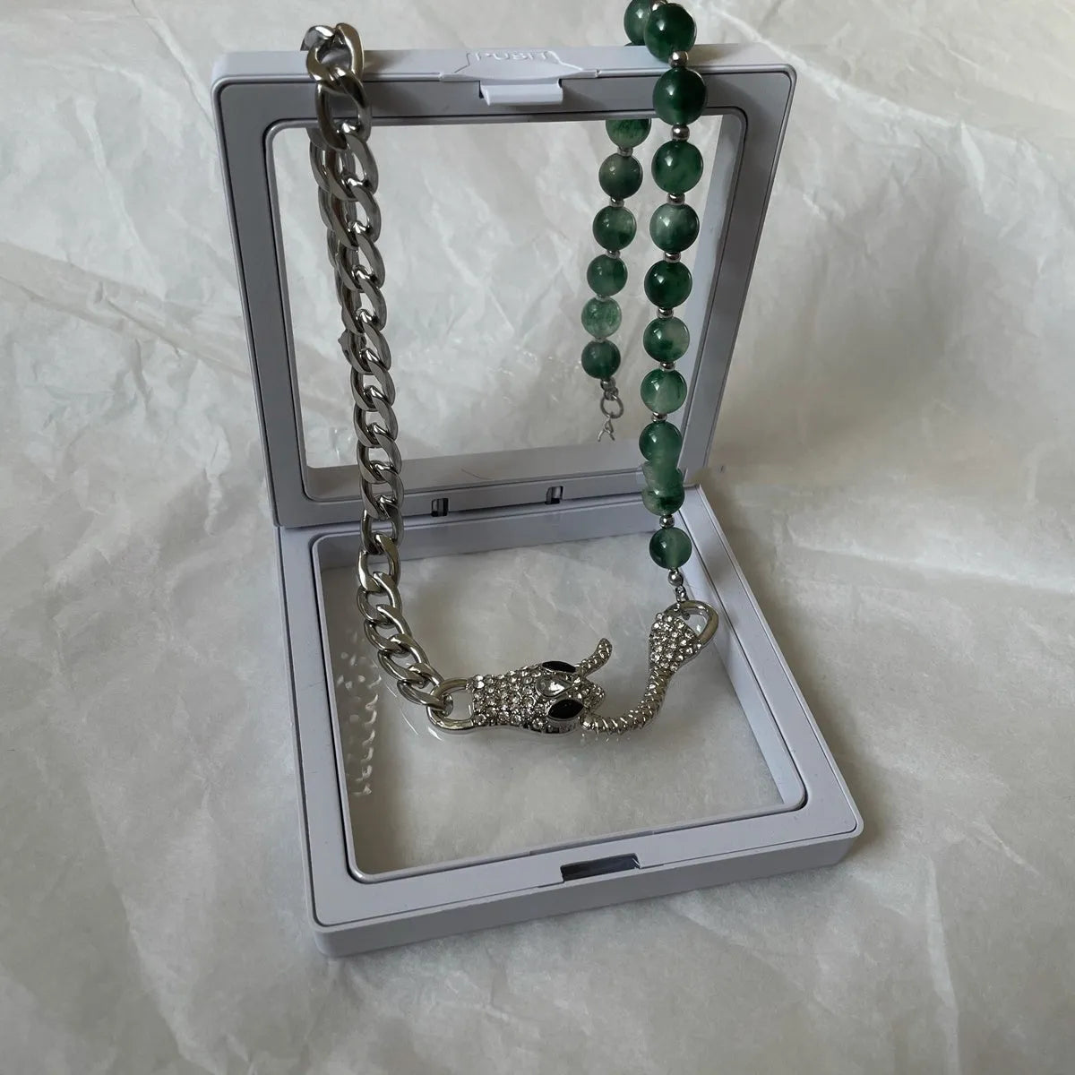 Shenlin Spirit Snake Stitching Lvzhu men's necklace in deep forest colour with titanium steel bone chain