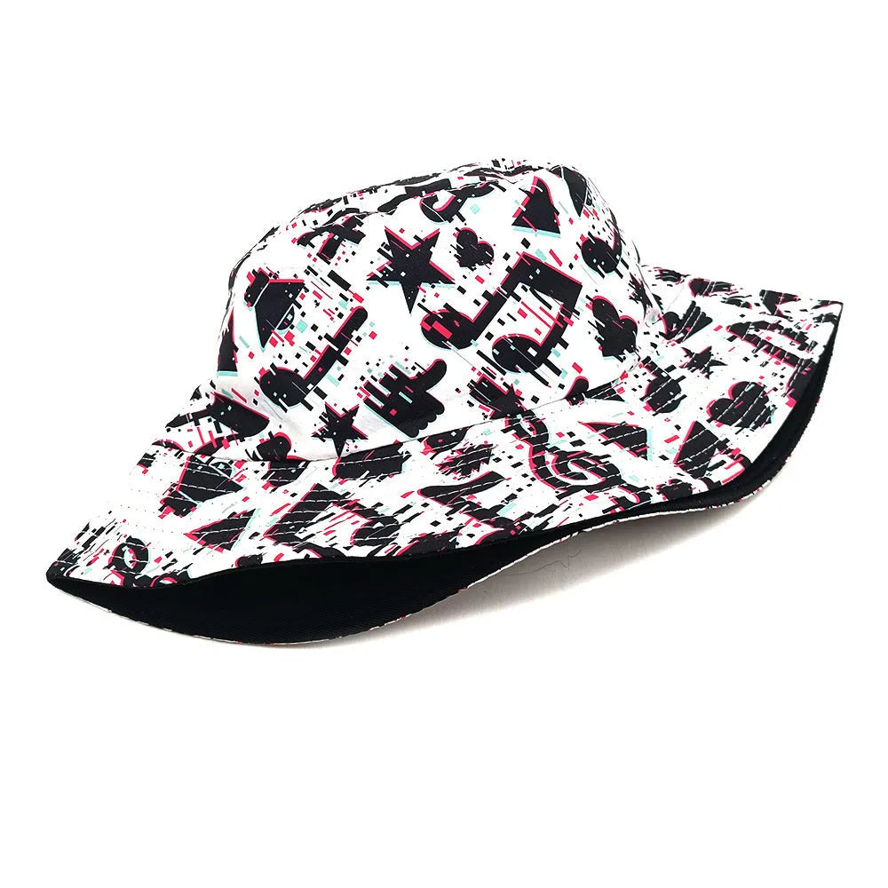 Polyester bucket hat with musical note pattern printing in retro style for outdoor sun protection