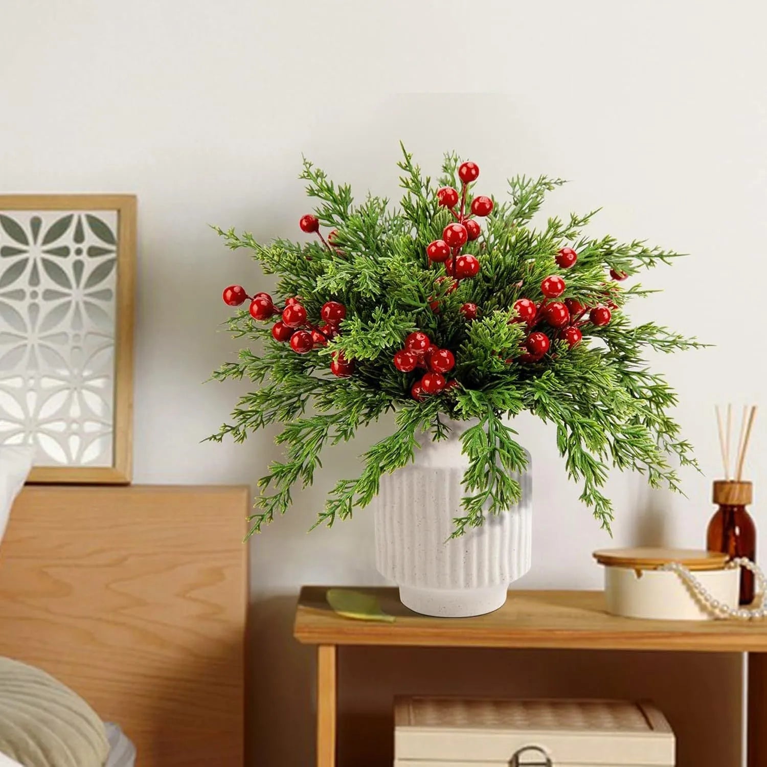 45 piece plastic artificial pine cypress branches and red berries set for home decoration