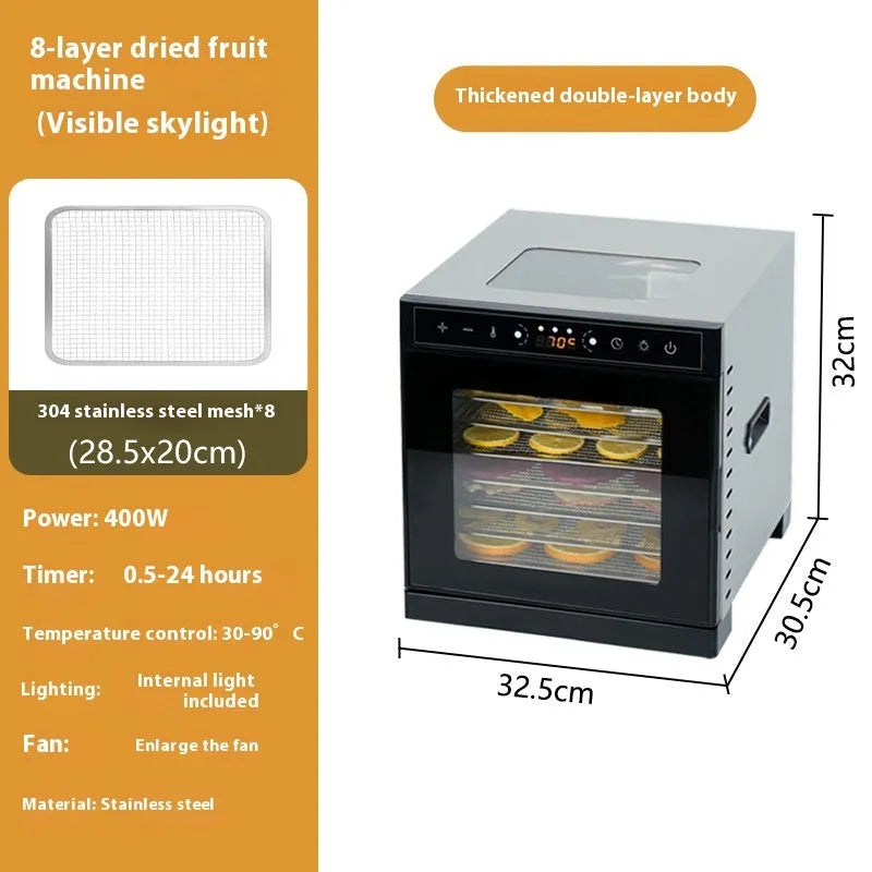 Stainless steel double-layer fruit dehydrator with LED control panel and multiple drying trays.