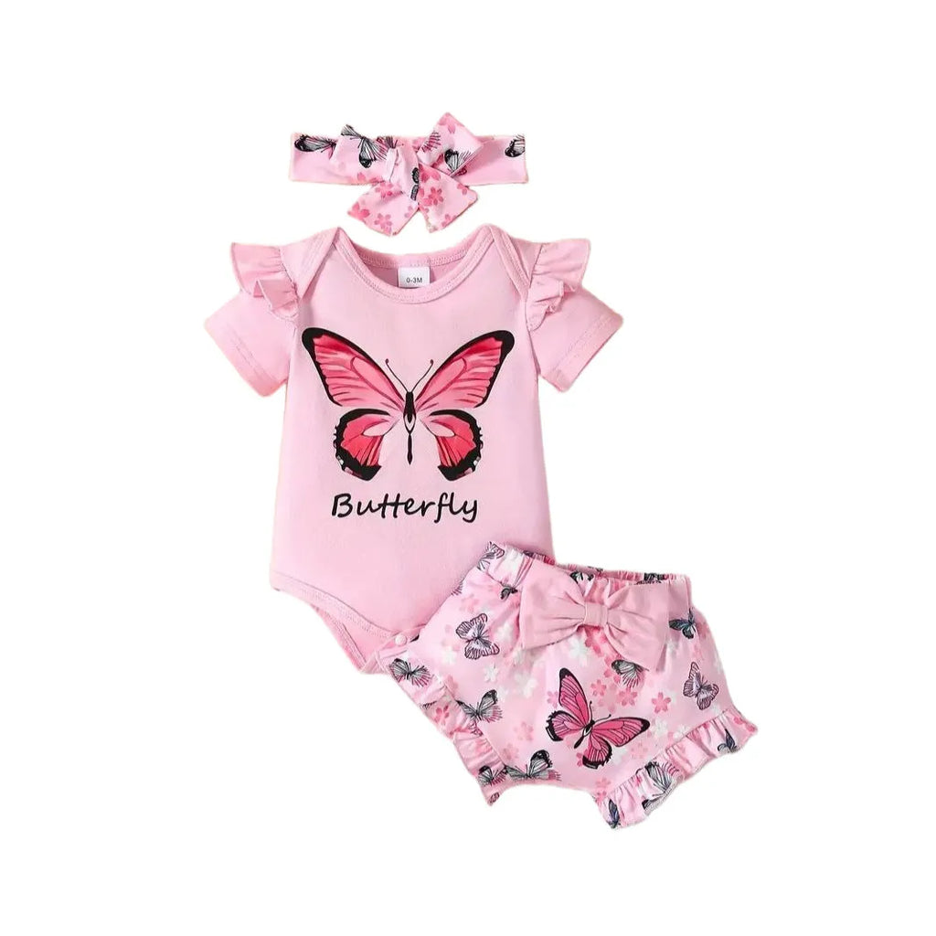 Peach baby girl two-piece summer suit with short sleeve shirt, shorts and letter print.