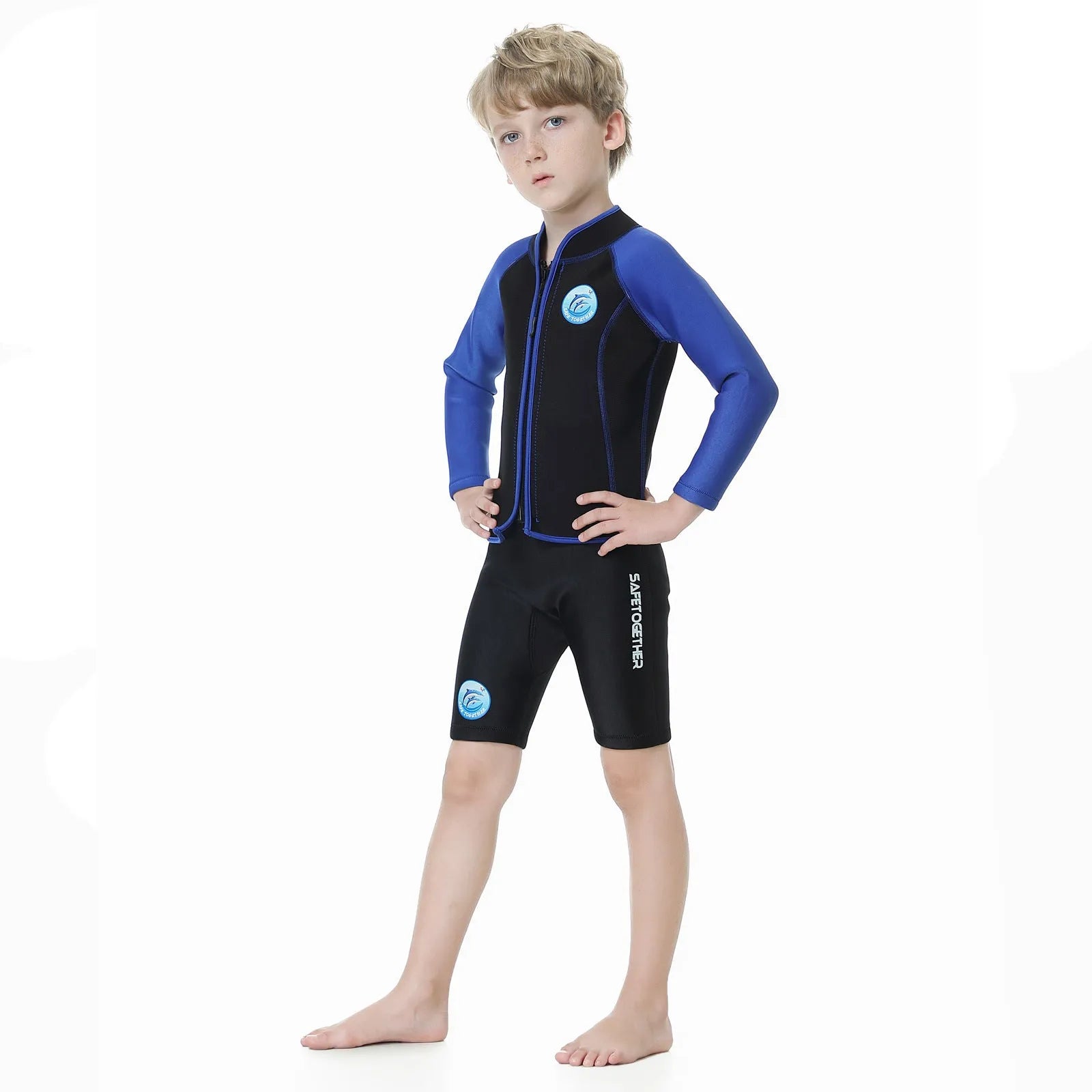 Children's diving suit long sleeve two-piece swimsuit in boys black and blue on child