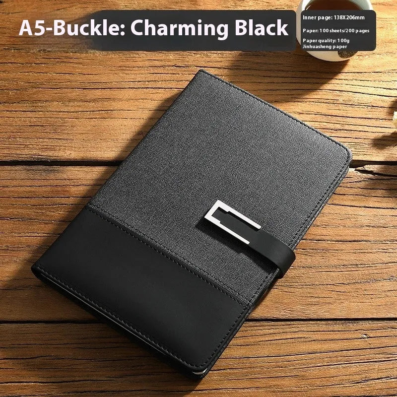 A5 soft PU leather notebook in brown, black, green, blue, or red, showing wood-free paper inside.