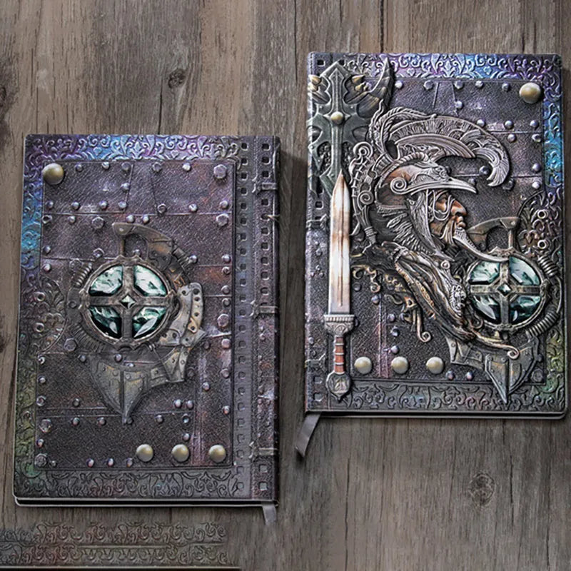 Handmade leather A5 notebook with embossed 3D warriors relief design on the cover.
