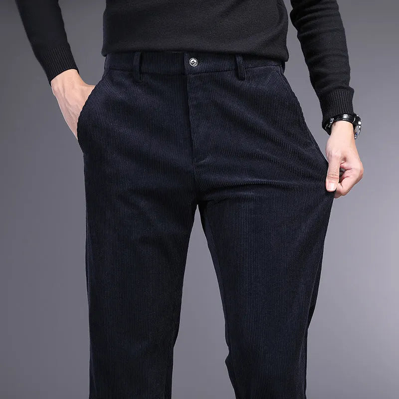 Men's British retro-style long straight striped pants in a chemical fibre blend, shown with a zip fly.