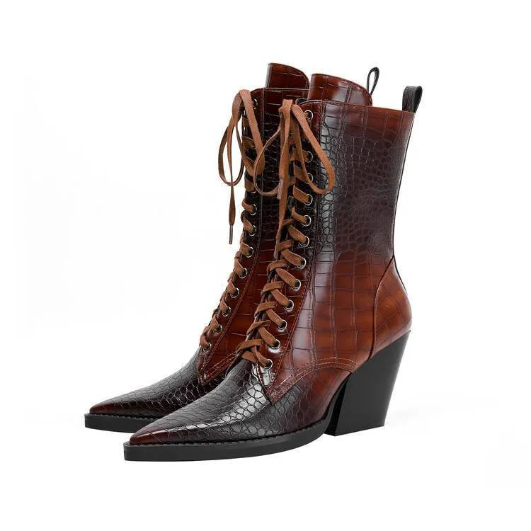 Retro pointed toe women's boots with chunky heel and lace-up details in dark brown