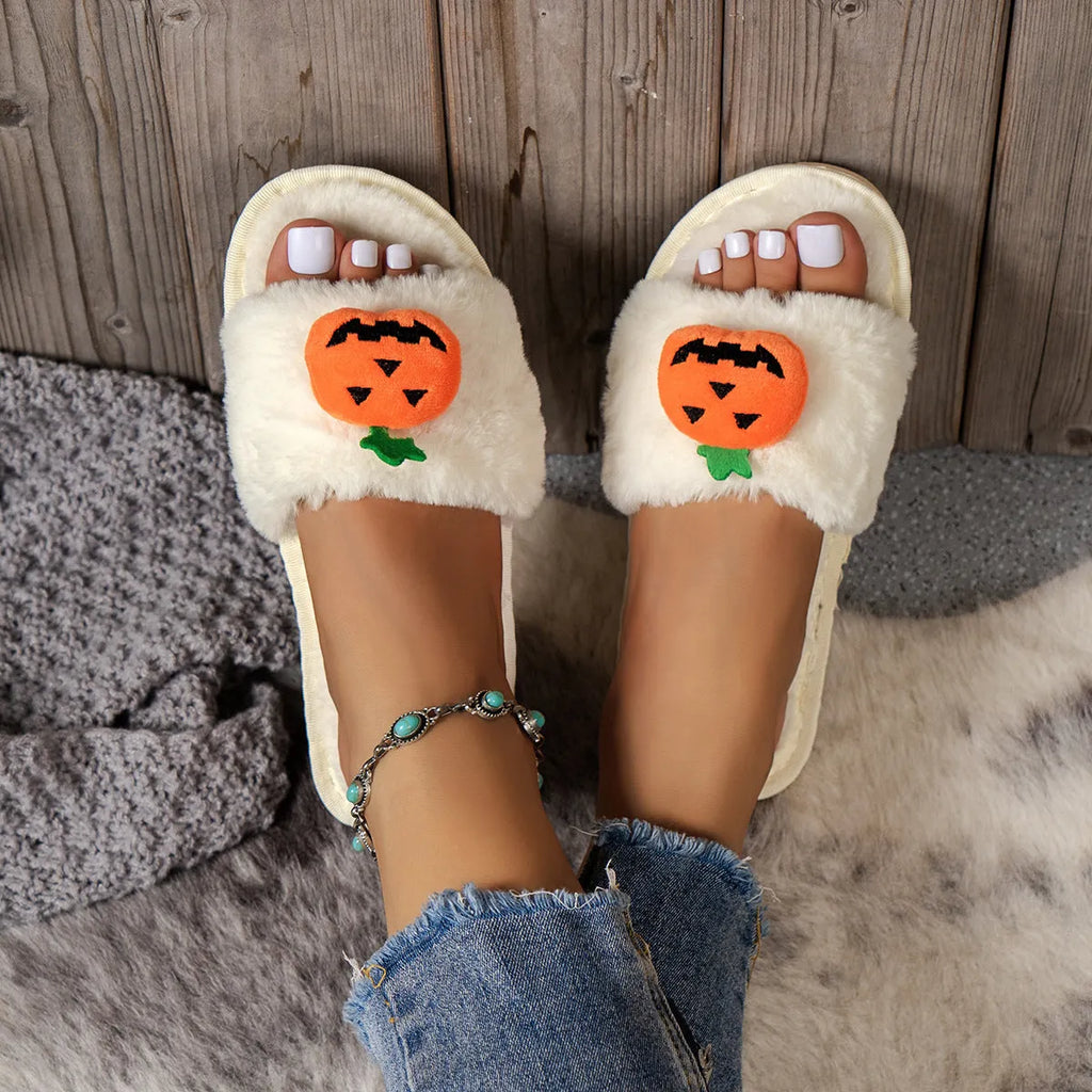 White and yellow pumpkin cartoon plush open toe slippers with synthetic fur upper and PVC sole