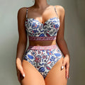 Blue women's high waist push-up bikini swimsuit made from polyester fabric