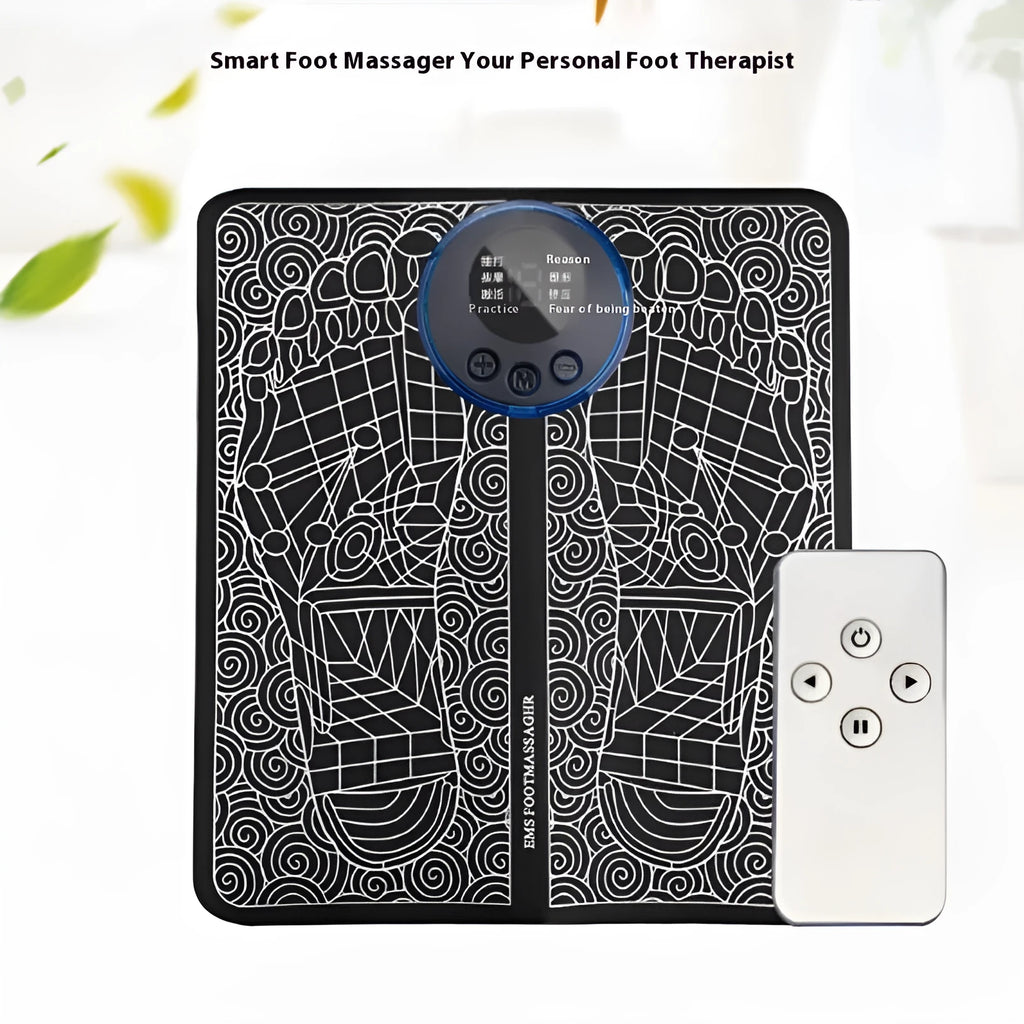 Leather foot massage cushion with a separate wireless remote control on a wooden floor