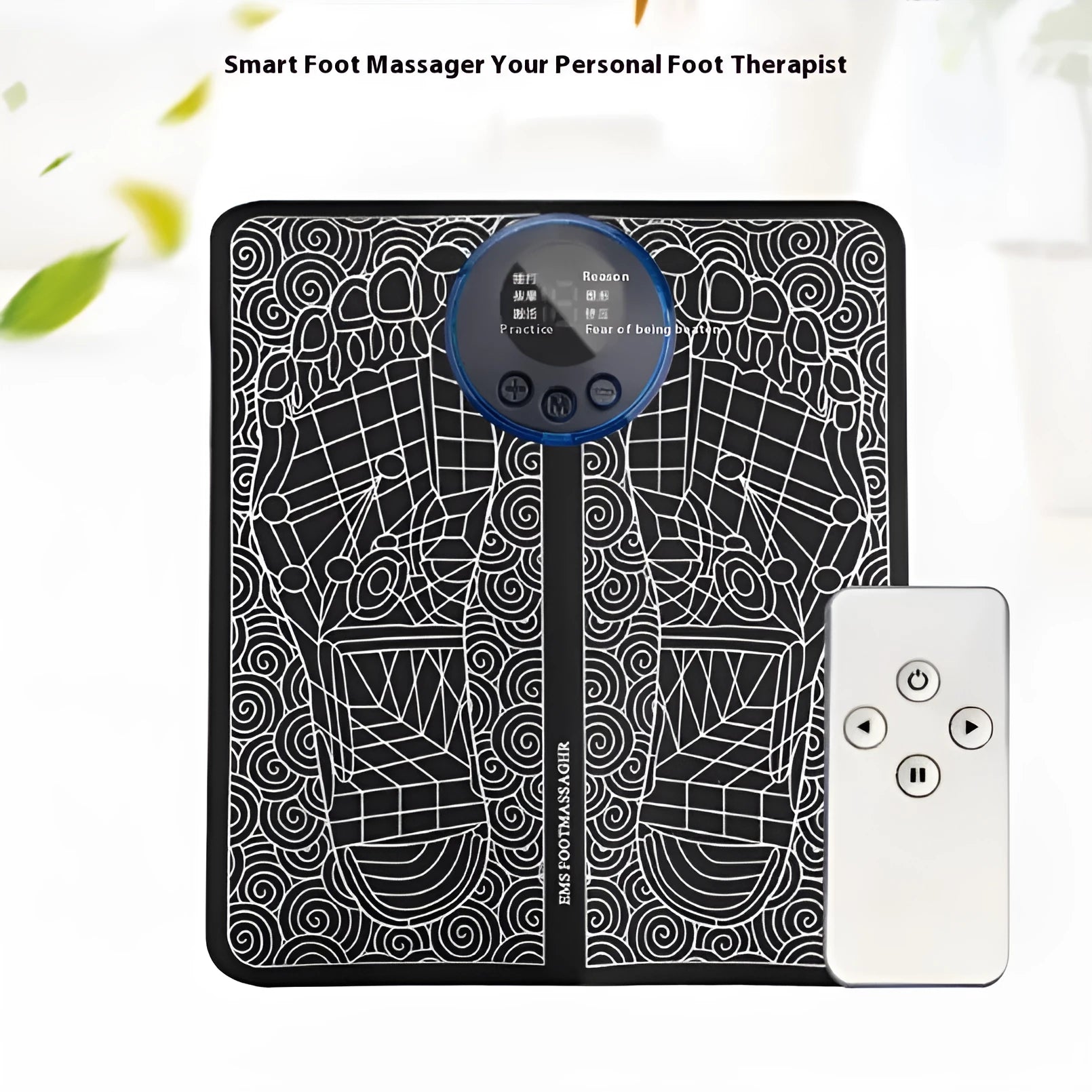 Leather foot massage cushion with a separate wireless remote control on a wooden floor