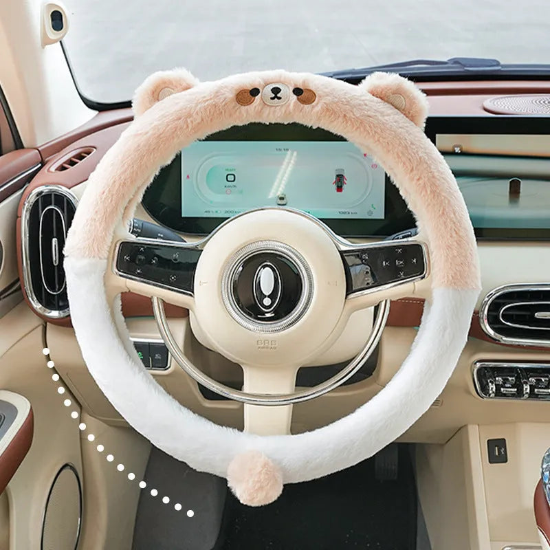 Plush rabbit fur steering wheel cover with embroidered cartoon animal design for winter thermal comfort